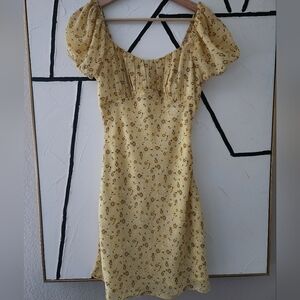 Cotton Candy LA Floral Print Butter Yellow Puff Sleeve Mini Dress Size M